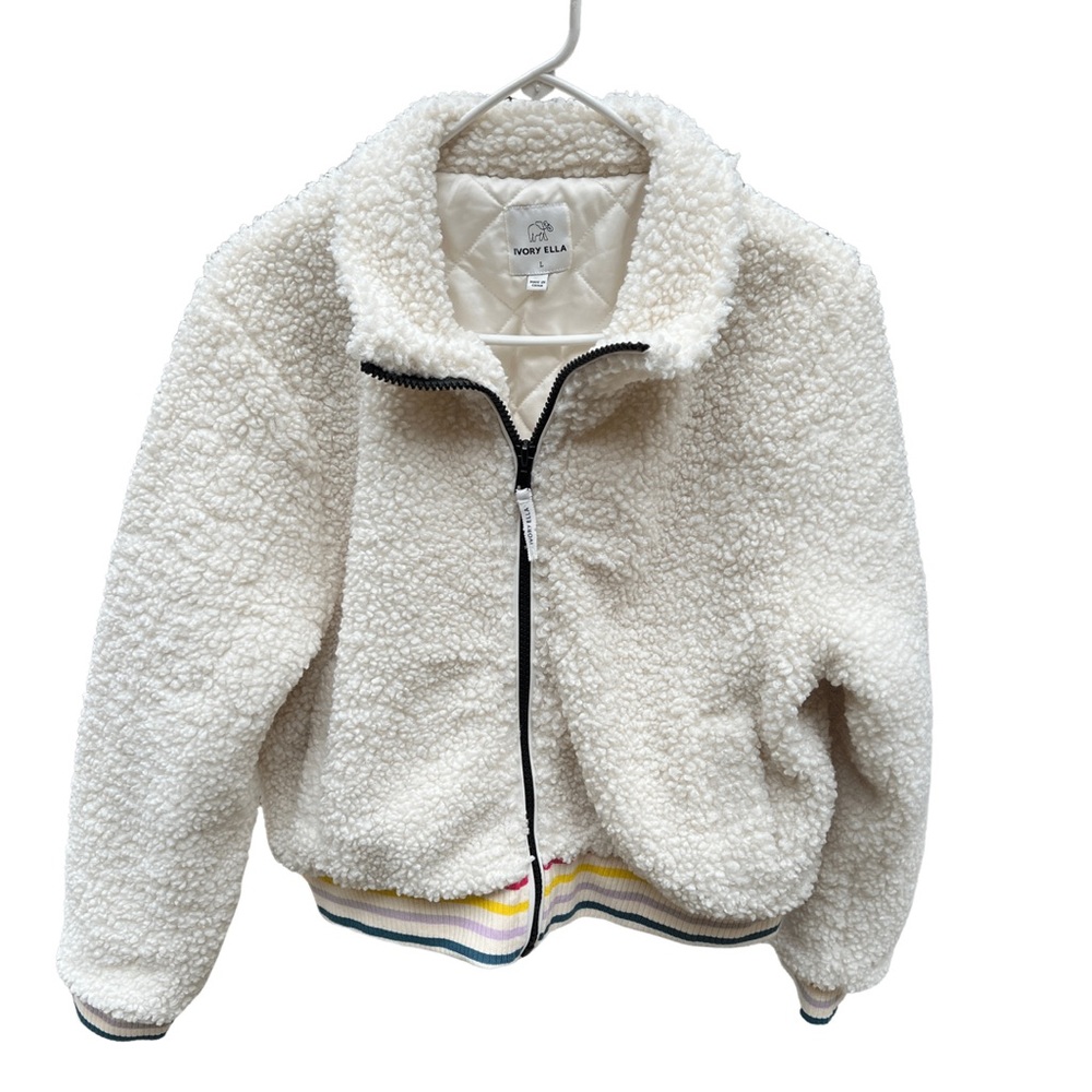 Ivory Ella Sherpa Ivory Jacket Full Zip Bomber Coat Rainbow Stripe Trim